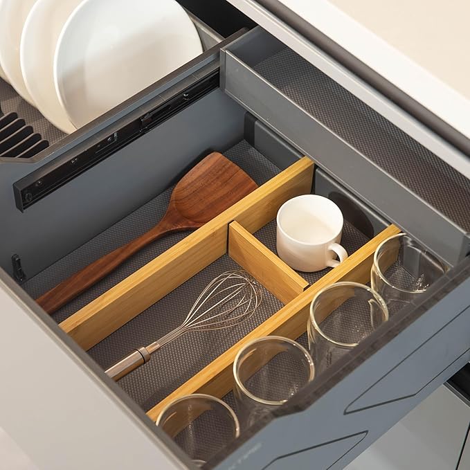 Basicwise Expandable & Adjustable Drawer Organizer with 4 Dividers & 4 Inserts Storage Solution for Home Office Dresser Desk Kitchen Bedroom Closet Separator for Socks Cutlery Clothes and Accessories