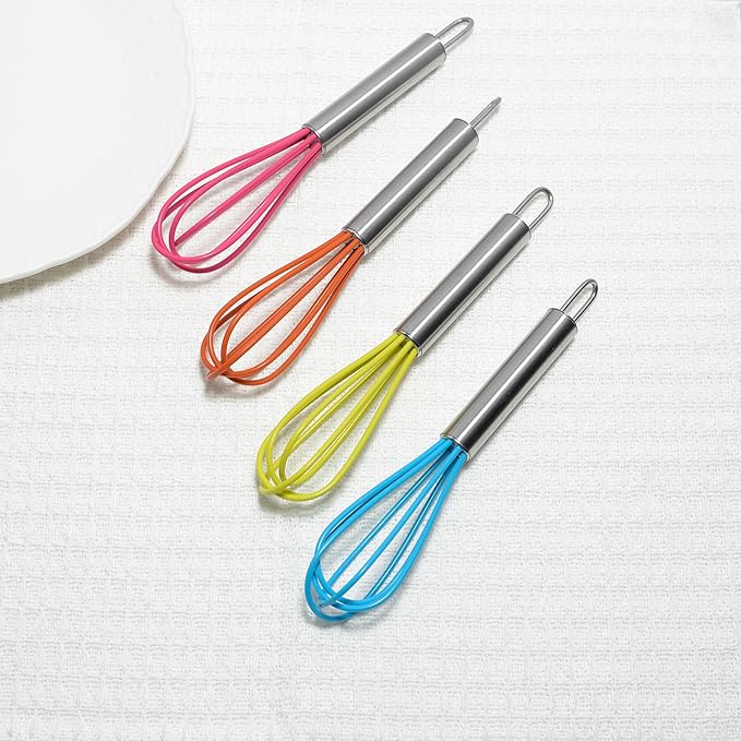 Mini Whisks 6 inch 4Pcs silica gel stainless steel Whisk, Hand Egg Mixer for Flour Cake Egg, Kitchen Cooking Baking Use Whisk （red，yellow，orange，blue）