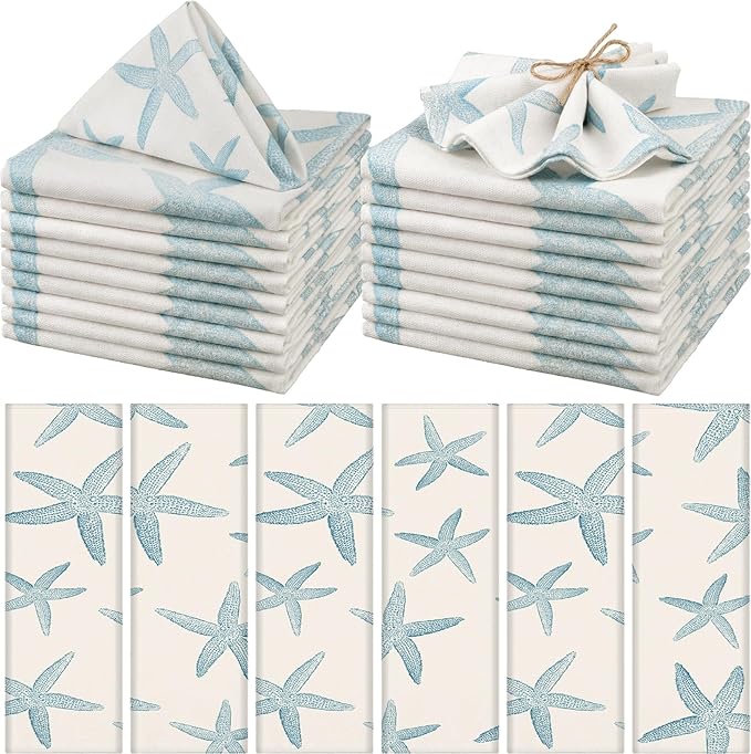 Funnymoom 12 Pcs Blue Starfish Cloth Napkins Coastal Nautical Beach Reusable Napkins Coastal Party Dinner Soft Absorbent for Kitchen Ocean Sea Decorations Summer Holiday Party