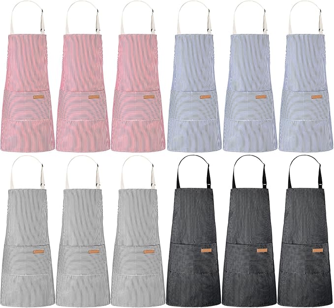 Handepo 12 Pcs Cotton Aprons for Women Men with Pockets Soft Adjustable Bib Stripe Aprons for Cooking Kitchen Chef