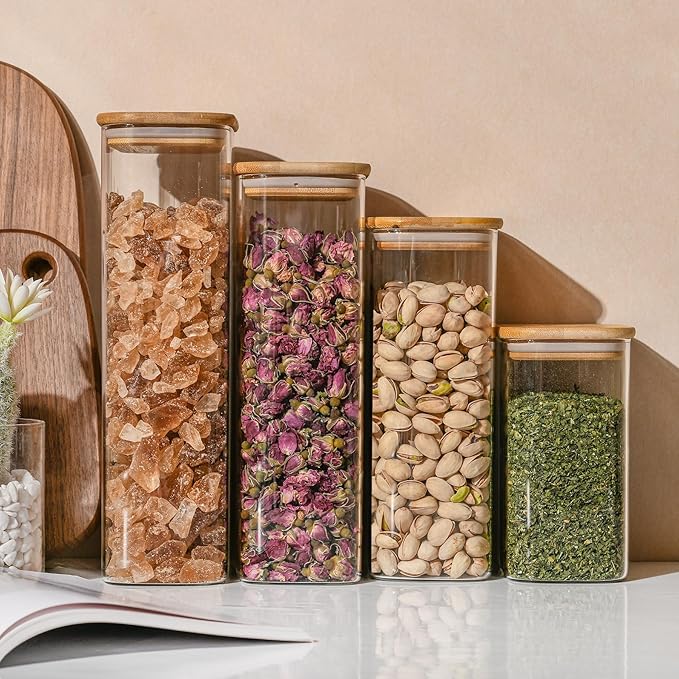 D2scrma 71oz Rectangle Airtight Glass Storage Containers with Bamboo Lids (Set of 4), Square Food Storage Jar, Pantry Organizers for Sugar, Flour, Spaghetti and Coffee beans (‎with Black Lable)