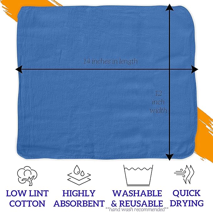 GREEN LIFESTYLE Shop Towels 12" x 14" 50 Pack - Blue Cotton Shop Towels, Cleaning Rags, Reusable Shop Rags, Absorbent Terry Cloth Cleaning Towels for Garage, Automotive, Industrial and Home Use