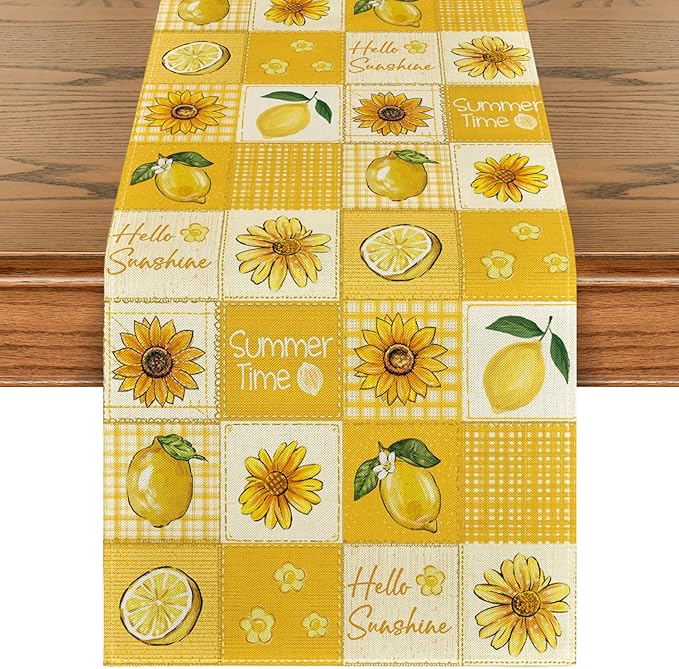 Artoid Mode Sunflower Lemon 210 GSM Hello Sunshine Summer Table Runner, Seasonal Kitchen Dining Table Decoration for Home Party Decor 13x60 Inch