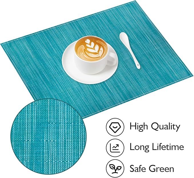 Niviy Teal Blue Placemats Set of 6, 12x18 Inch Washable Easy to Clean Heat-Resistant Anti-Skid Teal Blue Placemats for Holiday Party Kitchen Dining Room Decoration