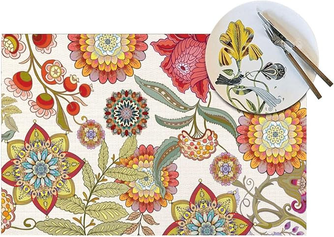 Boho Floral Placemats Set of 4, Flower Table Mats for Kitchen Dining Table, Colorful Decorative Place Mats Washable Linen Placemat 12"x18", Housewarming Gifts for New Home
