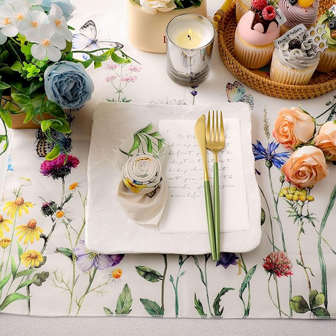 FuWeave Set of 12 Spring Butterfly Cloth Napkins Washable Decorative Dinner Cocktail Floral Napkins 20'' x 20'' Tea Party Decor for Easter Day Summer Bridal Shower Birthday Wedding Kitchen Supplies