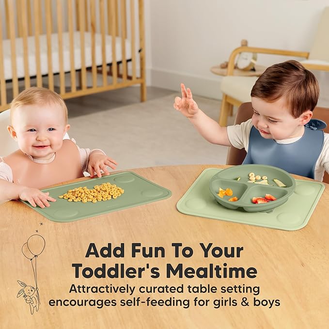 KeaBabies 2pk Silicone Placemats for Toddlers, Kids - 12x9 Non Slip Suction Baby Silicone Placemat for Restaurants, Dining Table,Travel, Easy to Clean, Food Grade/BPA-Free, Small Baby Table Mat (Sage)