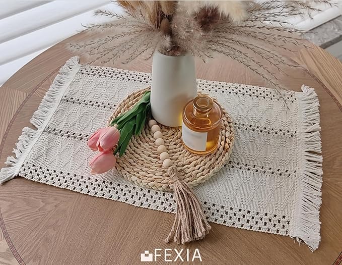 FEXIA Boho Placemats Set of 6, Macrame Table Decor and Farmhouse Style Placemats Natural Cotton Burlap, for Dining Table Kitchen