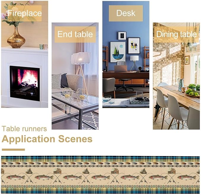 Rustic Cabin Fishing Table Runner Retro Hunting Southwestern Check Blue Art Printed Runner for Home Kitchen Dining Table Living Room Decor Fabric 1 Panel W13xL60in