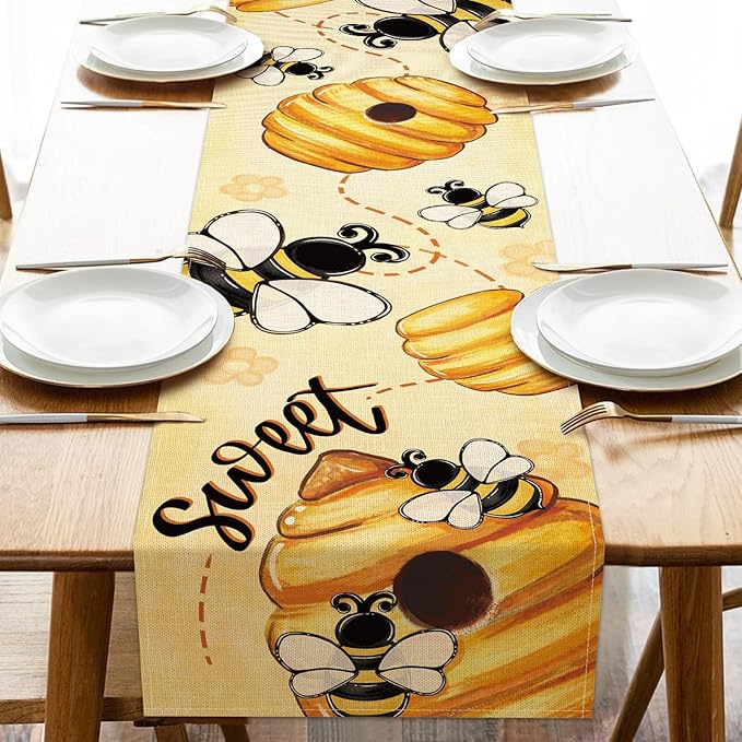 Spring Summer Bumble Bee Honeycomb Table Runner, Yellow Sweet Beehive Kitchen Dining Table Decoration, Seasonal Flower Burlap Indoor Outdoor Home Decor Party Supply 13 x 90 Inches