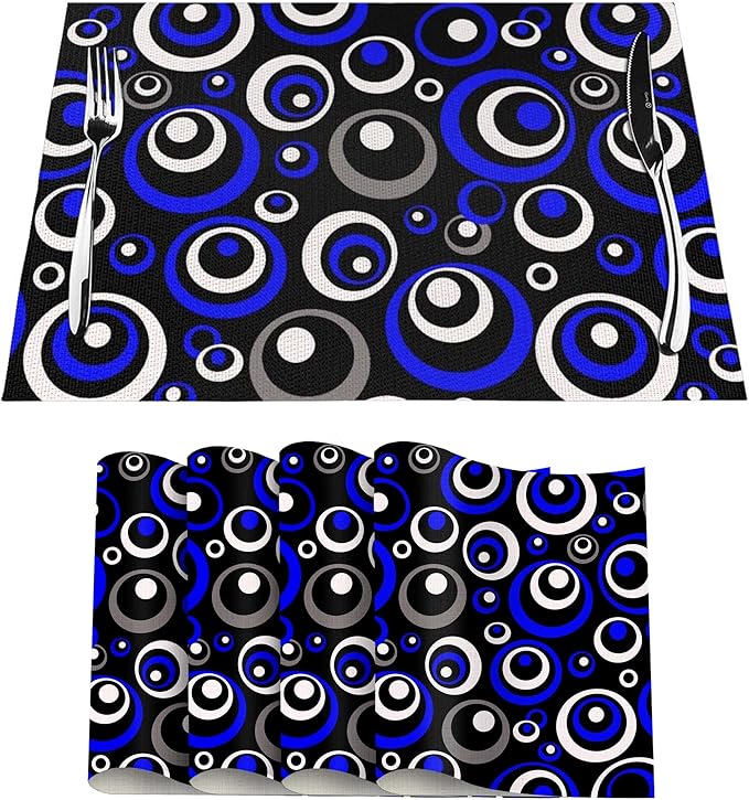 Blue Black Geometric Circle Linen Placemats Set of 4, Washable Heat Resistant Table Mats for Dining Table Kitchen, Tech - Themed Party Wedding Outdoor Holiday, Modern Home Decor, 12" x 18" Place Mats