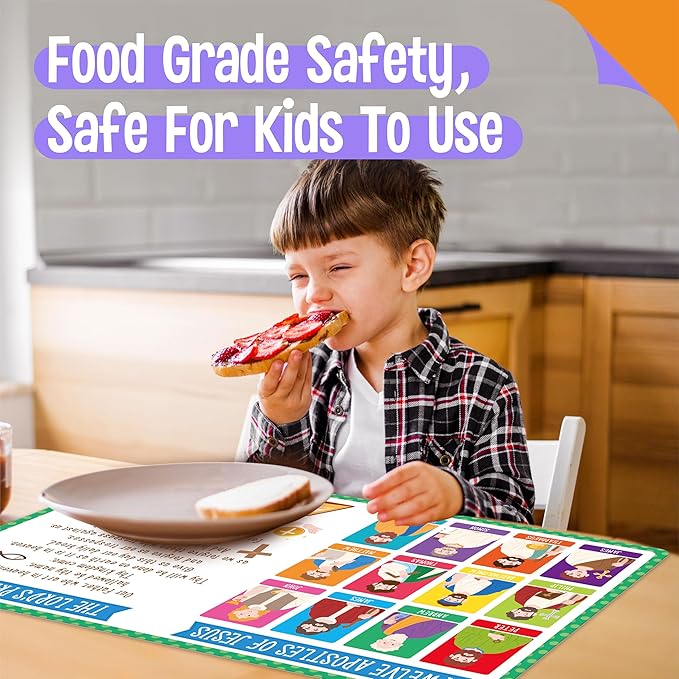 6 Pack Placemats for Kids, Non-Slip Washable Table Mats, Reusable Bible Themed Dining Mat, Educational Placemats for Home, Kindergarten, Classroom, Nursery