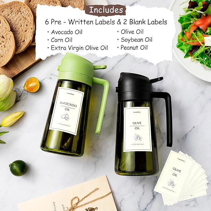 TrendPlain - Original 16oz/470ml Olive Oil Dispenser Bottle for Kitchen Gadgets and Air Fryer Accessories - Olive Oil Sprayer for Cooking w/Stickers - Black&Ash