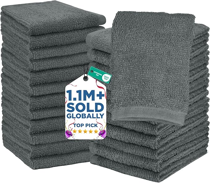 DAN RIVER 24 Pack Wash Cloths for Showering [12x12] - 100% Cotton Washcloths Premium Quality Flannel Face Cloths for Bathroom, Highly Absorbent and Soft Feel Wash Clothes, Gray