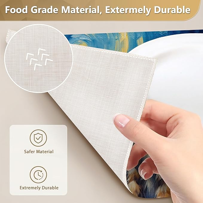 Set of 6 Washable Cute Cat Placemats Non-Slip Heat-Resistant12x18 Inch Thick Decorative Van Gogh Starry NightLinen Table Mats for Dining Table Home Décor