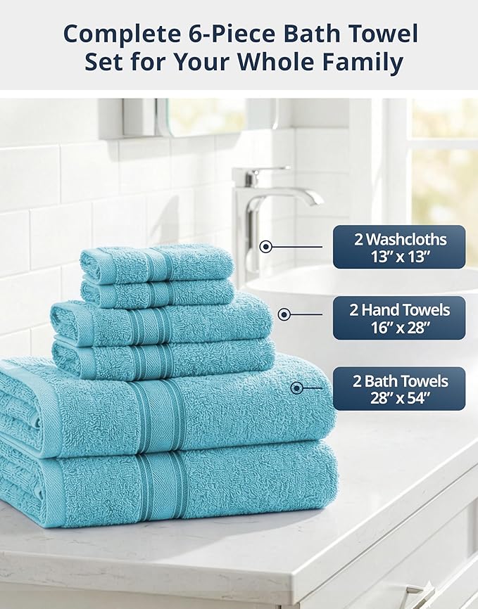 LANE LINEN Luxury Bath Towel Set - 6 Piece Set, 100% Cotton Bathroom Towel, Zero Twist, Quick Dry Shower Towels, Extra Soft Absorbent, 2 Bath, 2 Hand, 2 Wash Cloths - Blue