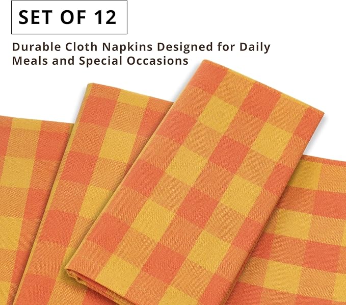 PurpleEssences Buffalo Plaid Cloth Napkins - Mitered Corners - Spring Easter Summer - Gingham Check Dinner Napkin - Set of 12-100% Cotton - 18x18 Inch - Reusable Washable - Orange and Golden Yellow