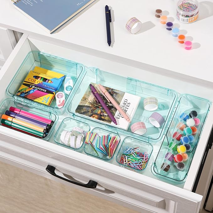 20 Pcs Clear Drawer Organizer, Adjustable Drawer Storage Box, 3-Size Desk Drawer Organizer, Acrylic Storage Bins for Makeup, Kitchen Utensils, Bedroom Dressers Tool Organizer for Gadgets, Blue