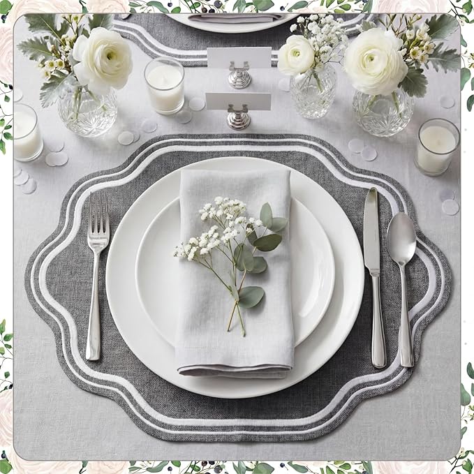 Breling 6 Pcs Wedding Placemats Scalloped Embroidered Cotton Linen Placemats 17" x 13" Double Layered Machine Washable Table Place Mat for Party Table Decor (Gray)