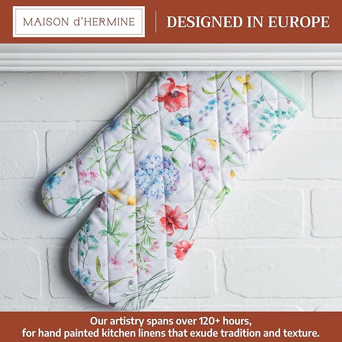 Maison d'Hermine Oven Gloves 100% Cotton Oven Mitt 7" x 13" with Loop Heat Resistant BBQ Cooking Gloves Baking Grilling Gifts for Mothers Day Spring/Summer (Pack of 1, Just Floral)