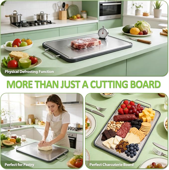 Stainless Steel Cutting Board for Kitchen, 17" x 11" Large Heavy Duty Chopping Board with Juice Grooves, Double Sided Defrosting Tray, Non-Slip Rust Resistant, Dishwasher Safe