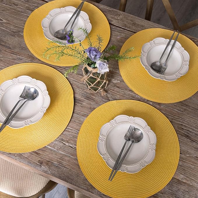 FunWheat Round Braided Placemats Set of 8 Place Mats for Dining Table Woven Washable Non-Slip Table Mats 15 Inch(Yellow,8pcs)