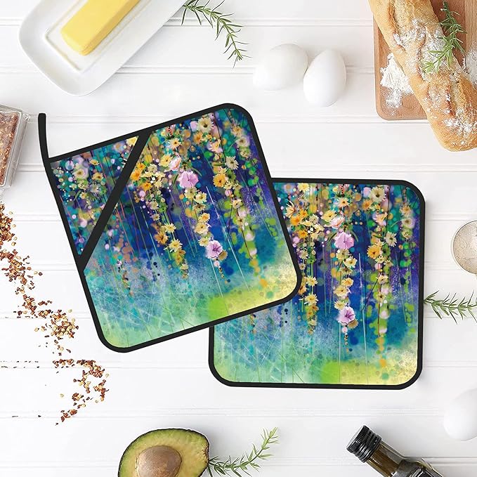 Abstract Floral Watercolor Painting Pot Holders Set of 2 Kitchen Heat Resistant Potholder for Microwave Cooking Baking Oven End Dishes and BBQ