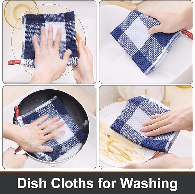 Mordimy 100% Cotton Waffle Weave Plaid Dish Cloths, 12 x 12 Inches, Super Soft and Absorbent Quick Drying Buffalo Check Dish Rags for Kitchen, 6-Pack, White & Navy Blue