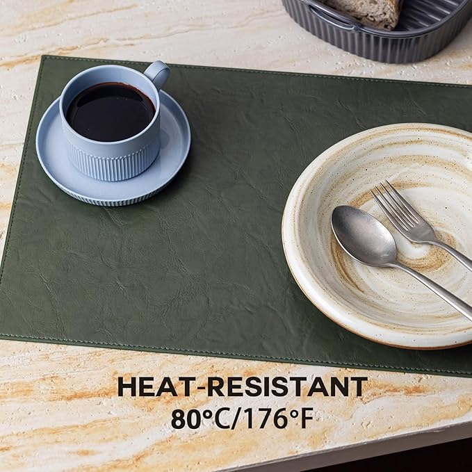 Faux Leather Placemats Set of 8 Vinyl Washable Wipeable Table Mats for Kitchen Dining Table Heat Resistant Waterproof Indoor/Outdoor Placemats Non-Slip Easy Clean Place Mats (Olive Green)