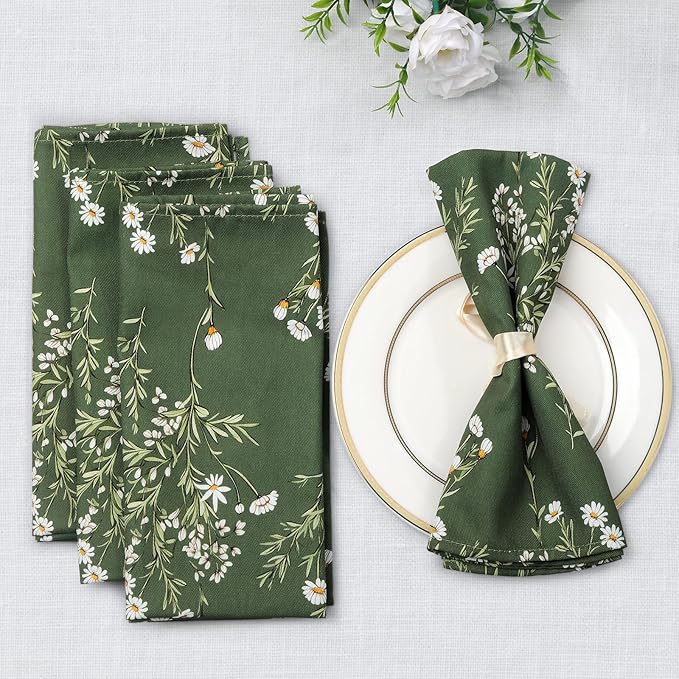Spring Summer Daisy Napkins, 18×18 Inch Dinner Cloth Napkins Set of 6, Washable Cotton Soft Absorbent Square Table Top Decoration for Dining Kitchen Party Wedding