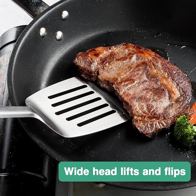 Silicone Spatula - Slotted Turner Fish Spatulas for Nonstick Cookware - Stainless Steel Pancake Flipper Perfect for Steak, Burger, Pizza, Egg - Comfortable Grip - Dishwasher Safe - 13.86 inch