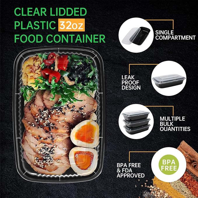 WUHUIXOZ Meal Prep Container, 90 Pack 32 oz Food Storage Containers with Lids, Disposable Bento Box Reusable Plastic Lunch Box, BPA Free Take-Out Box Microwave Dishwasher Freezer Safe