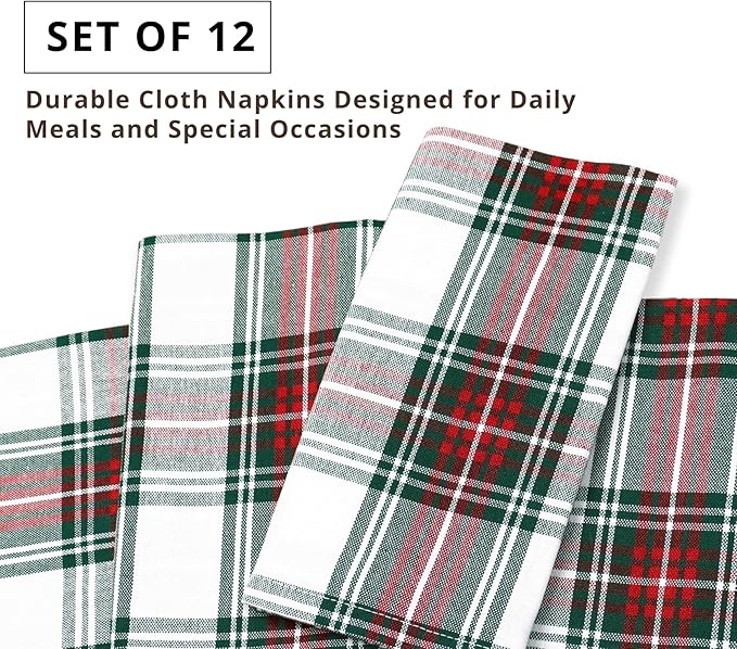 PurpleEssences Tartan Plaid Cloth Napkins - Mitered Corners - Spring Easter Summer - Scottish Check Dinner Napkin - Set of 12-100% Cotton - 18x18 Inch - Reusable Washable - Red and White