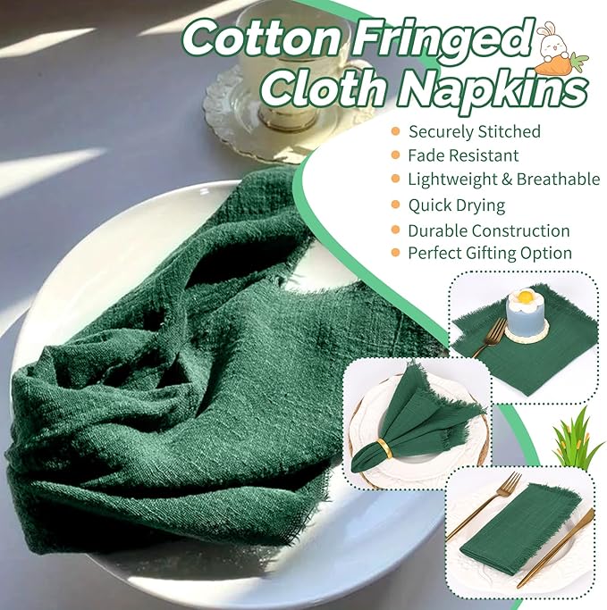 Showgeous 30 Pack Emerald Green Cloth Napkins with Fringe 16x16 inch 100% Cotton Green Napkins Handmade Dinner Napkins Bulk Washable Soft Rustic Table Napkins for Wedding Parties Bridal Baby Shower