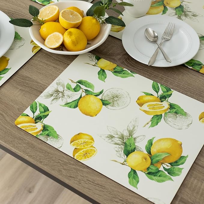 Benson Mills Cork Placemats Set of 4, Thick Cork Place Mats for Kitchen and Dining Tables, Easy Clean Table Mats (12" x 16" Rectangular Set of 4, Lemons)