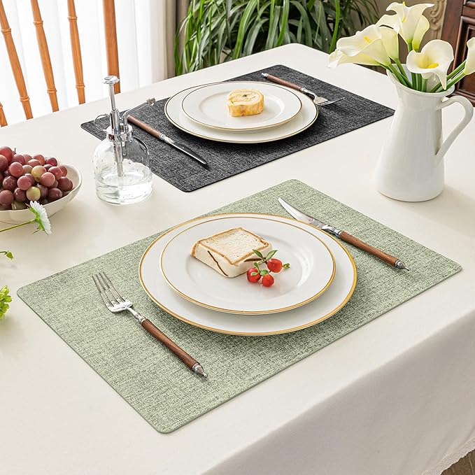 Romanstile Sage Green Placemats Set of 4-12x17 Inch, Vinyl Waterproof Washable Non Slip Table Mats, Reversible Heat Resistant Wipeable Table Placemats for Dining/Party/Indoor/Outdoor, Grey-Grass Green