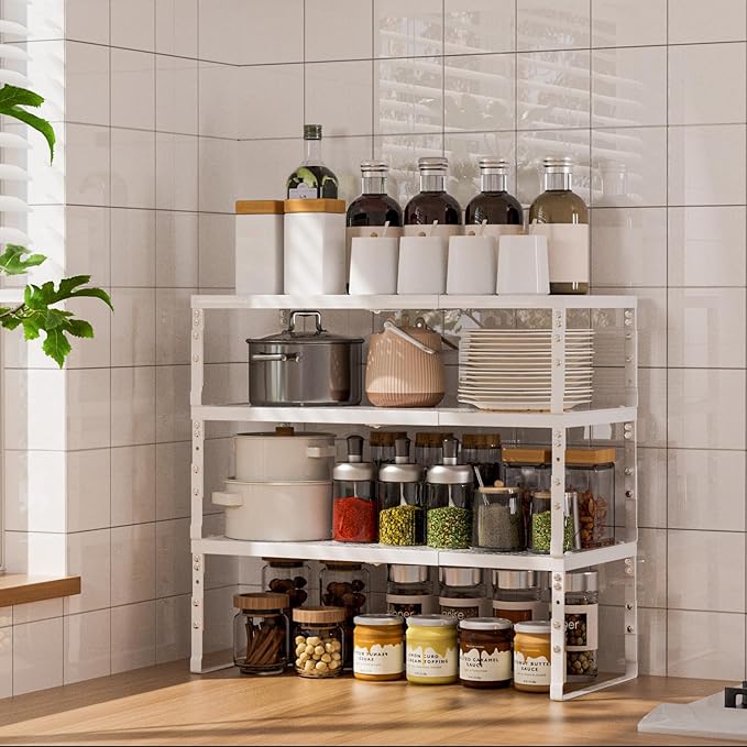 Expandable Adjustable Stackable Multi-Purpose Spice Racks,Metal Storage Rack, Practical Kitchen Pantry Shelves, Countertop for Kitchen, Bathroom, Storage Room & Other Places(1Pack/White,Medium)