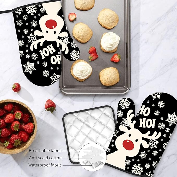 Christmas Snowman Oven Mitts & Pot Holders (3PCS), Cute Deer Snowflake Heat Resistant & Non-Slip Silicone Gloves for Cooking, Baking, BBQ, Christmas Kitchen Decor Gift
