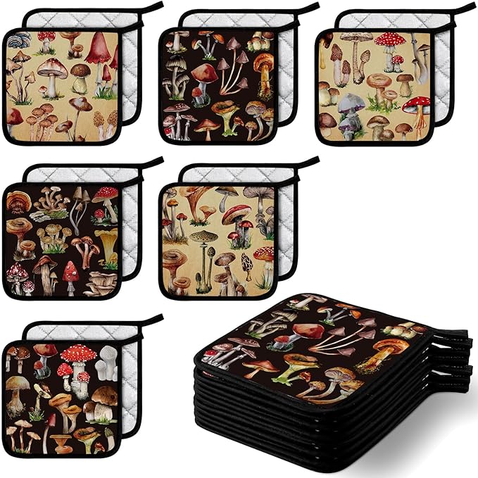 Bencailor 12 Pcs Pot Holders with Pocket Kitchen Hot Potholders Hot Pad Oven Mitts Cookie Bag Oven Gloves for Kitchen Gift Baking Cooking(Colorful,Mushroom)