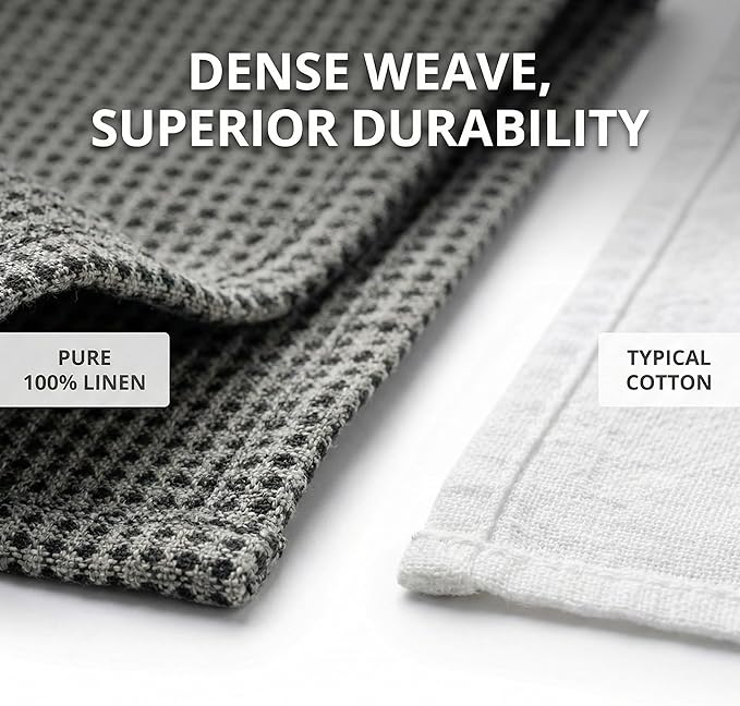 100% European Linen Hand Towels for Kitchen & Bath - Set of 2 - Waffle Weave, Highly Absorbent & Quick-Dry - 14 x 28 in - Stone Washed Flax