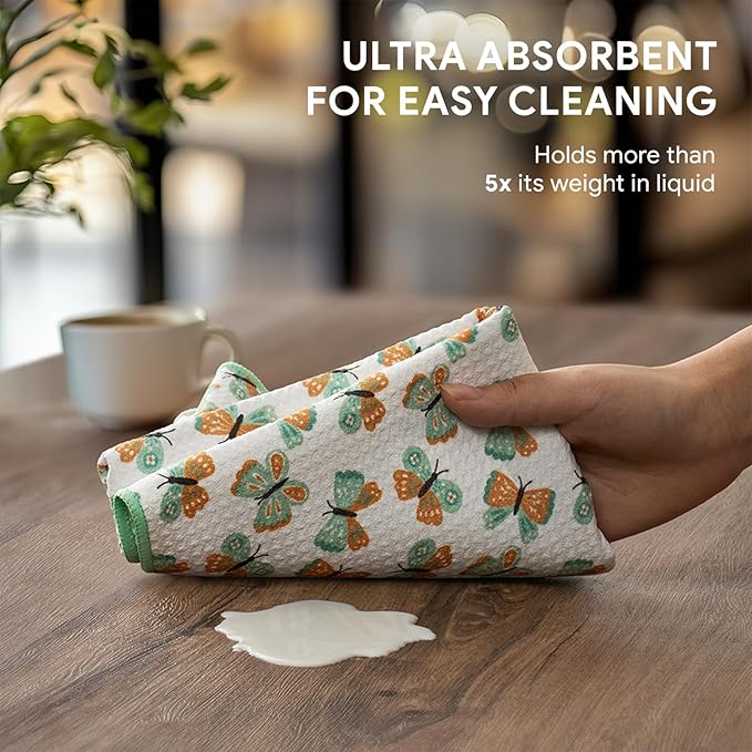 RECYCO Waffle Kitchen Towel Set of 2 - Quick Dry Microfiber Sustainable Dish Towels - Ultra Absorbent Reusable Cleaning Tea Towels - Lightweight Hand Towels,16”x 28”, Butterfly Gingham