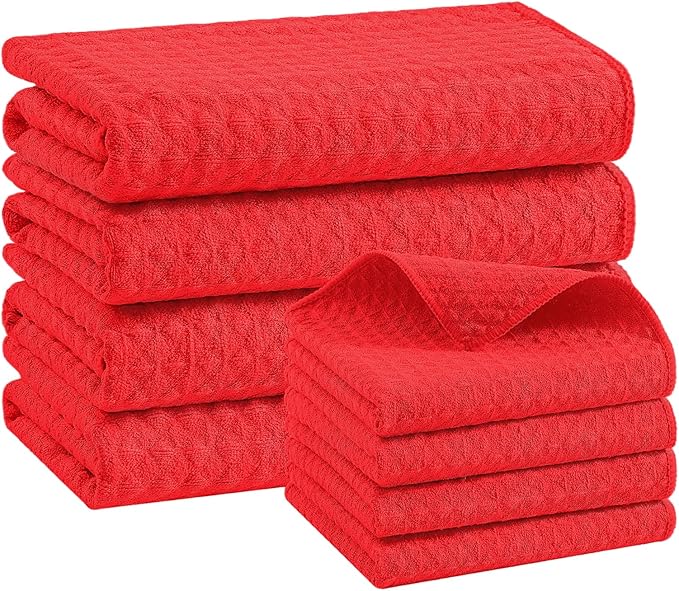 Homaxy Microfiber Waffle Weave Kitchen Towels Set, 16 x 28 Inch and 12 x 12 Inch Ultra Absorbent and Solid Color Dish Towels, 8 Pack, Red