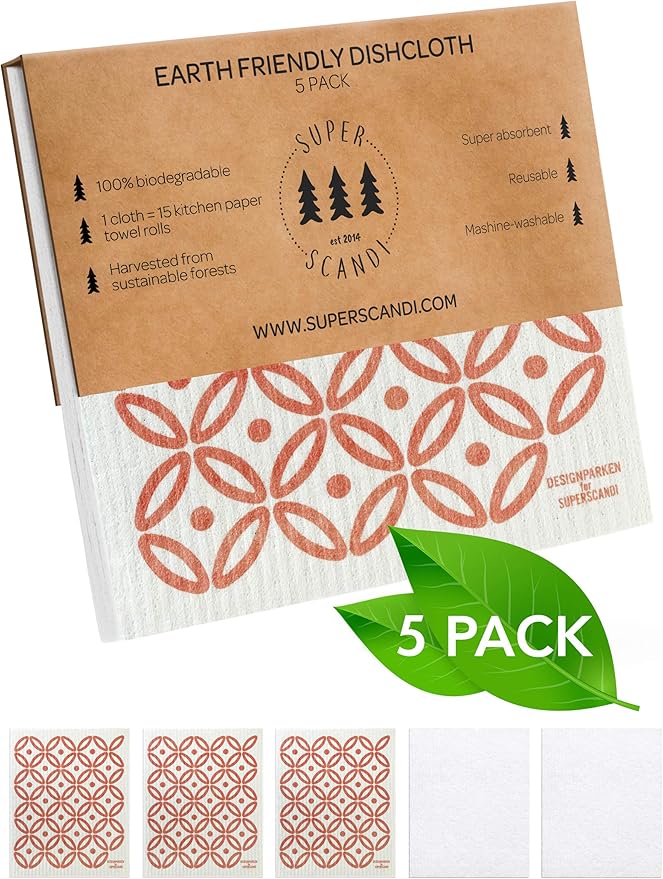 SUPERSCANDI 5 Pack Swedish Dishcloths for Kitchen - 100% Biodegradable & Compostable Reusable Paper Towels Washable, Food-Safe & Without Plastic - Dish Rags Suitable for Any Surface, Artdeco Coral