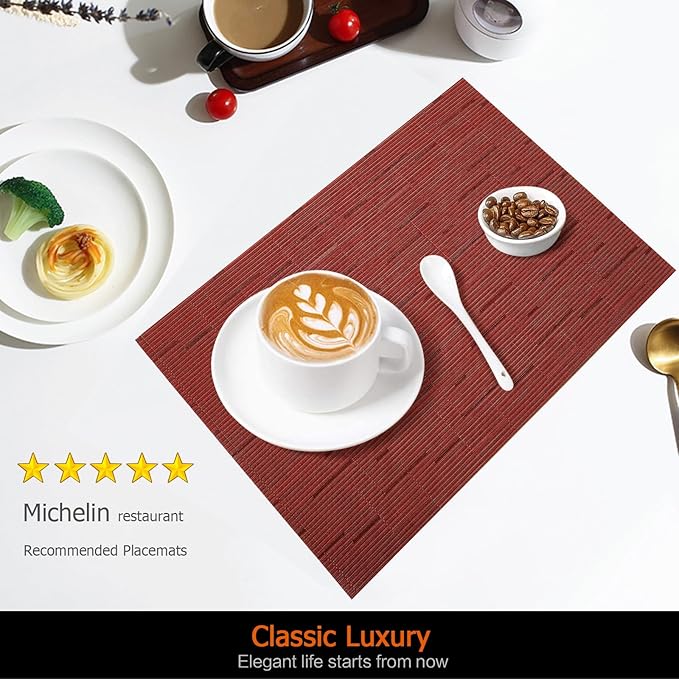 Placemats Set of 6 Washable&Wipeable Place mats for Dining Table Kitchen Indoor Outdoor Table Mats Heat Resistant Non Slip Woven Vinyl Table Placemats (Red，6PCS)