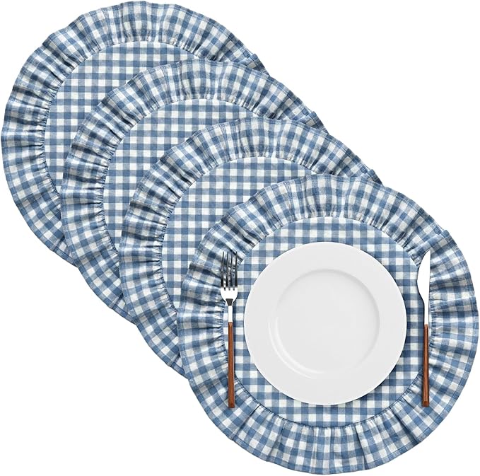 4 Pcs 15 Inch 100% Cotton Scalloped Round Placemats, Thin Light Blue Plaid Place Mats with Ruffle, Washable Placemats Table Mats for Kitchen Dining Holiday Gatherings Decor(Gingham)