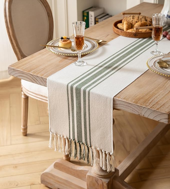 Caflife Boho Table Runner for Modern Farmhouse Decor, Dining Table décor 13 x 60 Inch Long with Handcrafted Tassels, Green and Beige Stripe Table Runner for Home Boho décor