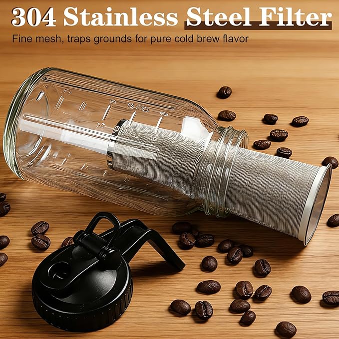 Cold Brew Coffee Maker, 64oz Mason Jar Pitcher with Airtight Lid and Stainless Steel Filter, 1 Quart Wide Mouth Glass Jar Cold Brew Coffee Kit Tea Infuser Pitcher, Coffee Lovers Gifts for Men/Women