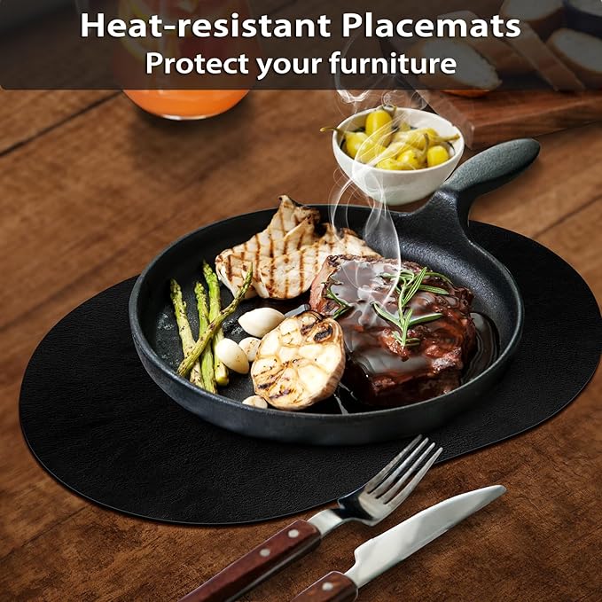 ADRIMER Placemats, Heat Resistant Oval Placemats Set of 6 Washable 12 x 17 Inch, Waterproof Table Mats, Wipeable Pu Place Mats for Kitchen, Dining Room, Black