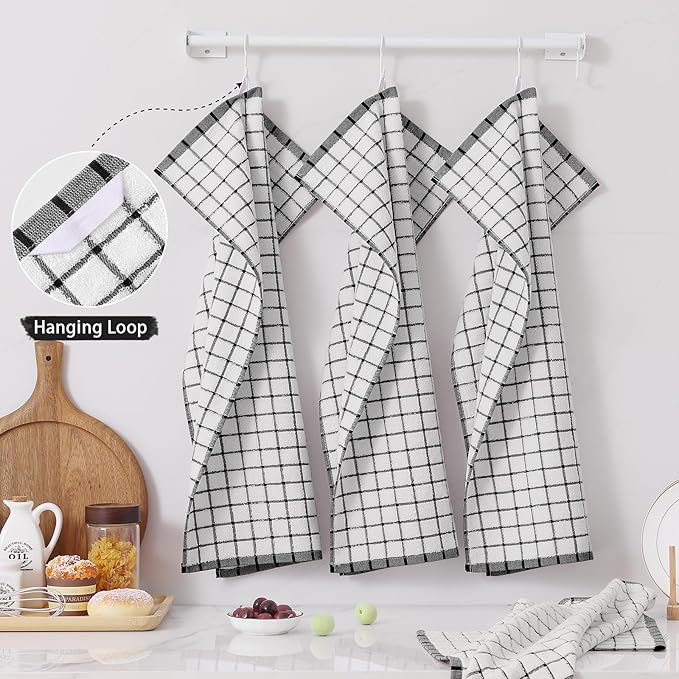 Homaxy Premium Kitchen Towels(16”x 28”, 8 Pack), Large Ring Spun Cotton Dish Towels, Super Absorbent Soft Terry Kitchen Hand Towels, Check Design Tea Towel Set with Hanging Loop, Black