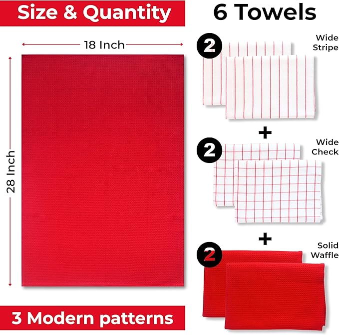 Cotton Dish Towels for Kitchen Drying - Highly Absorbent Wide Red Striped Plaid Tea Towels - 18"X28" Set of 6 Farmhouse Linen Dishtowels in Bulk - Pano De Prato para Cozinha - T Towles Towls
